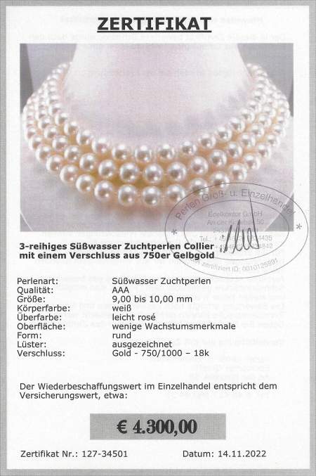 3-reihiges Perlen Collier mit 750er Goldverschluss