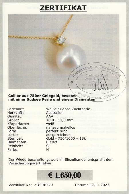 Gelbgold Collier mit Perle von Edelkontor